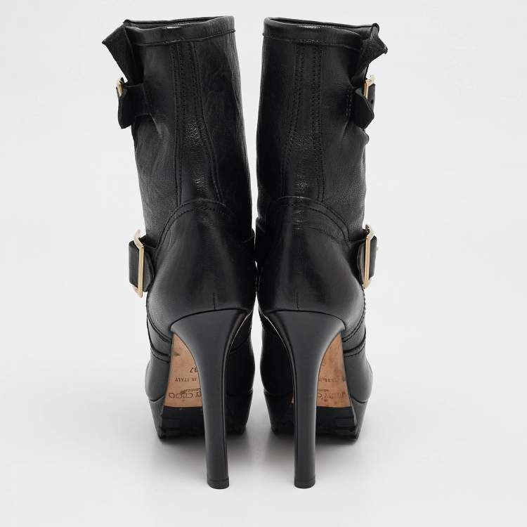 Pre Owned Jimmy Choo Black Leather Ankle Length Boots Size 37