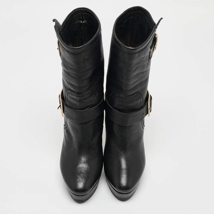 Pre Owned Jimmy Choo Black Leather Ankle Length Boots Size 37