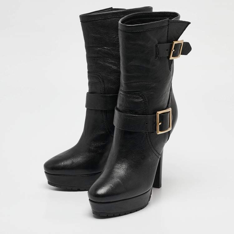 Pre Owned Jimmy Choo Black Leather Ankle Length Boots Size 37