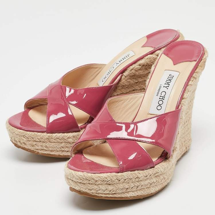 Pre Owned Jimmy Choo Purple Patent Leather Prima Wedge Sandals Size 38