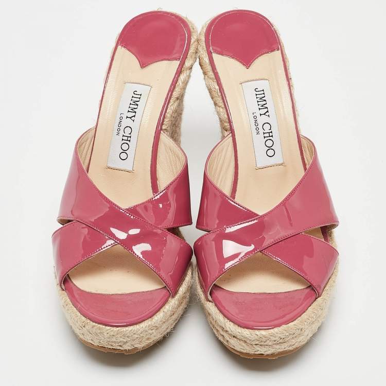 Pre Owned Jimmy Choo Purple Patent Leather Prima Wedge Sandals Size 38