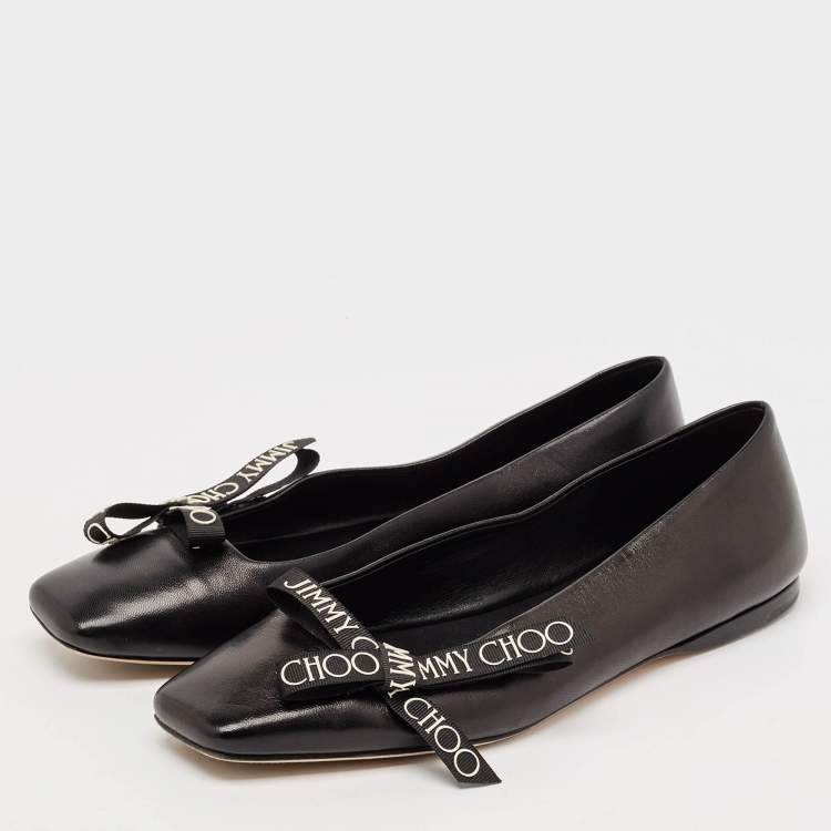 Pre Owned Jimmy Choo Black Leather Bow Veda Ballet Flats Size 36