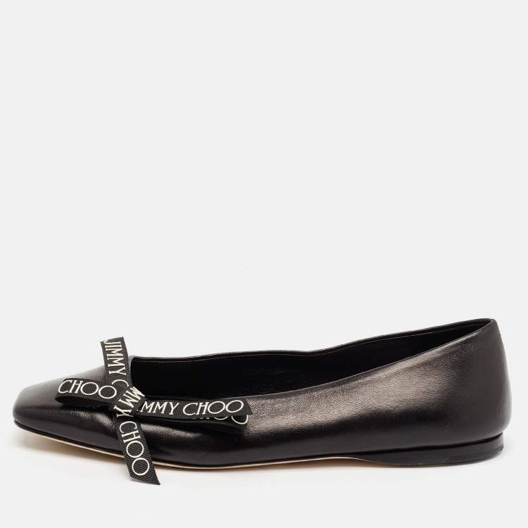 Pre Owned Jimmy Choo Black Leather Bow Veda Ballet Flats Size 36