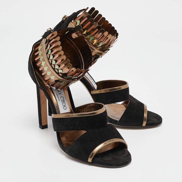 Pre Owned Jimmy Choo Black/Gold Suede and Metallic Leather Klara Sandals Size 38