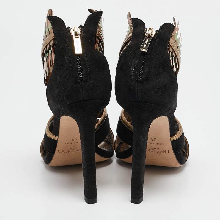 Pre Owned Jimmy Choo Black/Gold Suede and Metallic Leather Klara Sandals Size 38