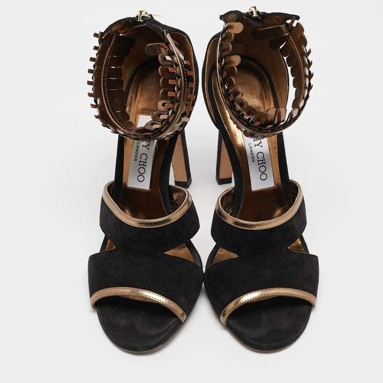 Pre Owned Jimmy Choo Black/Gold Suede and Metallic Leather Klara Sandals Size 38