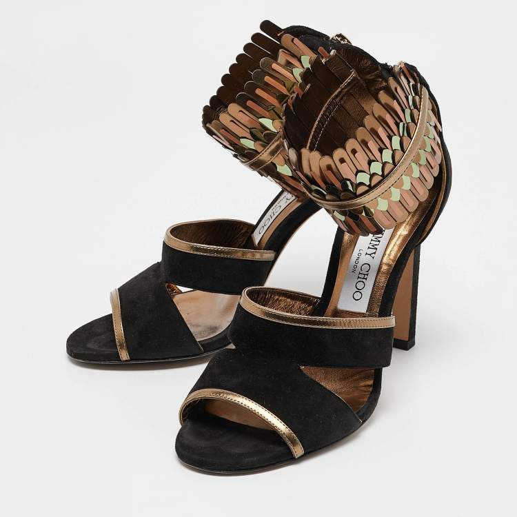 Pre Owned Jimmy Choo Black/Gold Suede and Metallic Leather Klara Sandals Size 38