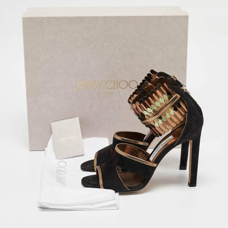 Pre Owned Jimmy Choo Black/Gold Suede and Metallic Leather Klara Sandals Size 38