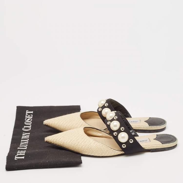 Pre Owned Jimmy Choo Cream/Black Canvas and Raffia Embellished Mules Size 37.5
