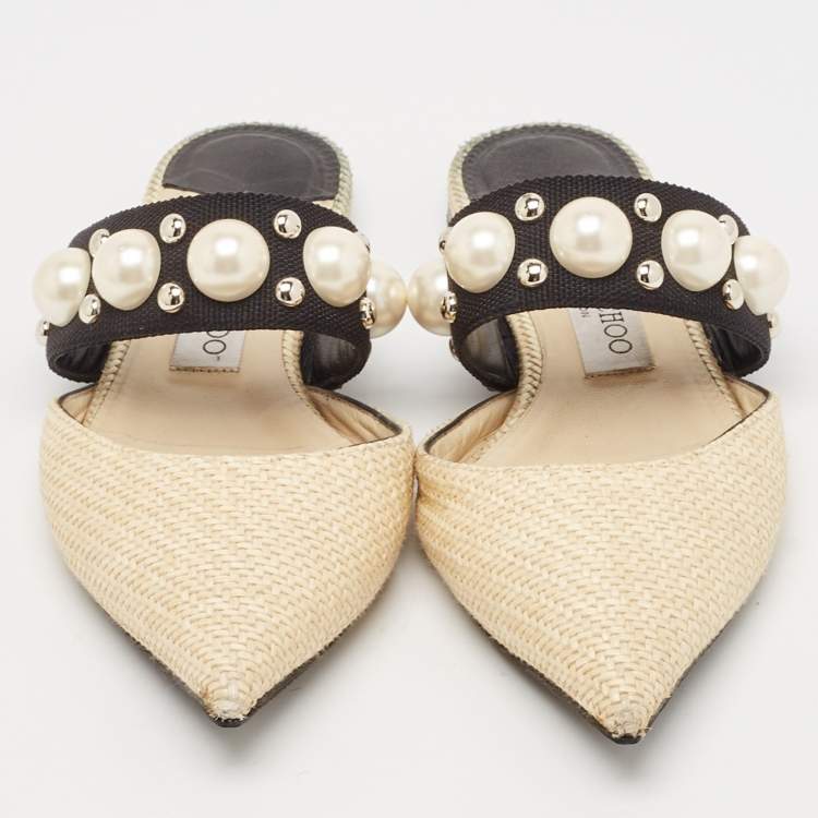 Pre Owned Jimmy Choo Cream/Black Canvas and Raffia Embellished Mules Size 37.5