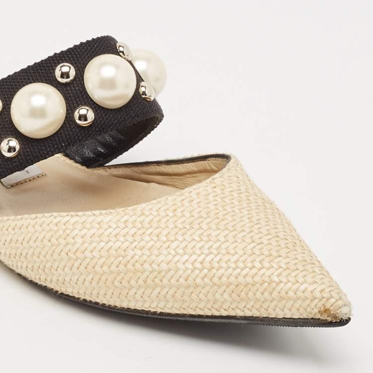 Pre Owned Jimmy Choo Cream/Black Canvas and Raffia Embellished Mules Size 37.5