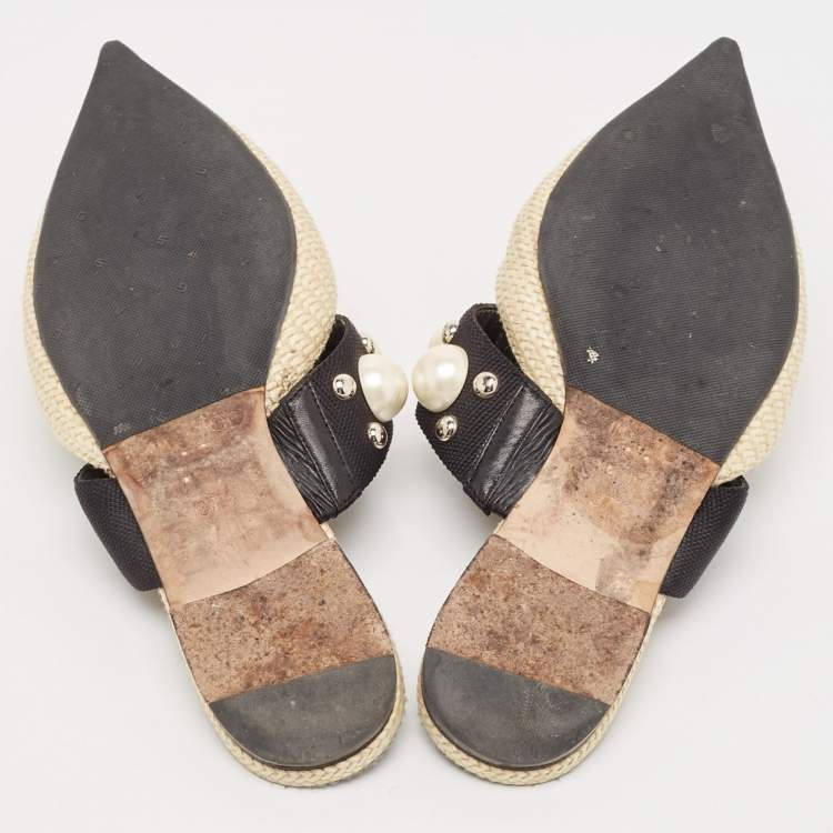 Pre Owned Jimmy Choo Cream/Black Canvas and Raffia Embellished Mules Size 37.5