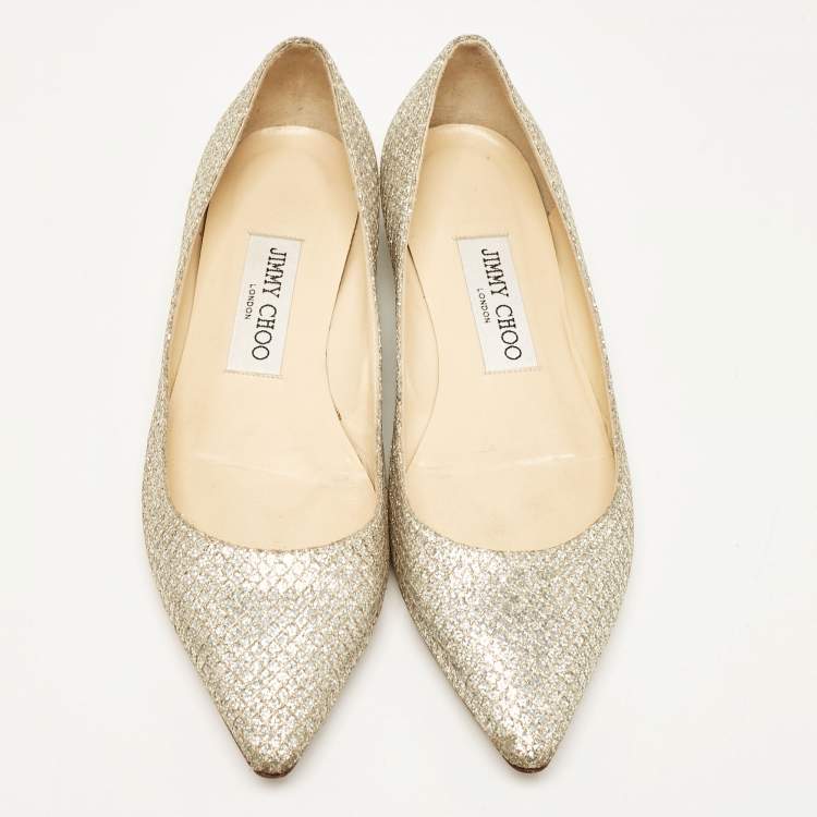 Pre Owned Jimmy Choo Silver Glitter Romy Ballet Flats Size 36