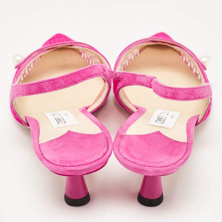 Pre Owned Jimmy Choo Fuchsia Suede and Fishnet Amita Slingback Pumps Size 36