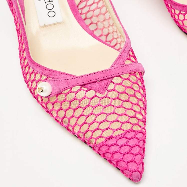 Pre Owned Jimmy Choo Fuchsia Suede and Fishnet Amita Slingback Pumps Size 36