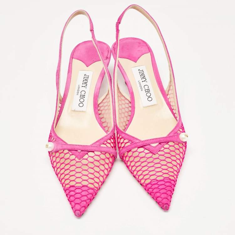 Pre Owned Jimmy Choo Fuchsia Suede and Fishnet Amita Slingback Pumps Size 36