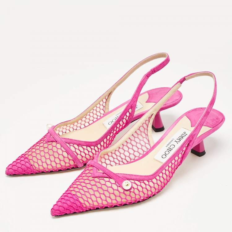 Pre Owned Jimmy Choo Fuchsia Suede and Fishnet Amita Slingback Pumps Size 36