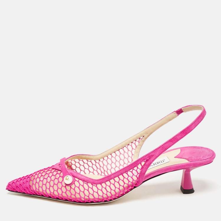 Pre Owned Jimmy Choo Fuchsia Suede and Fishnet Amita Slingback Pumps Size 36