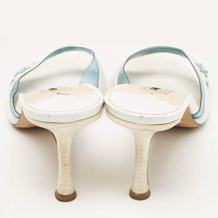 Pre Owned Jimmy Choo White/Blue Leather and PVC Slide Sandals Size 37.5