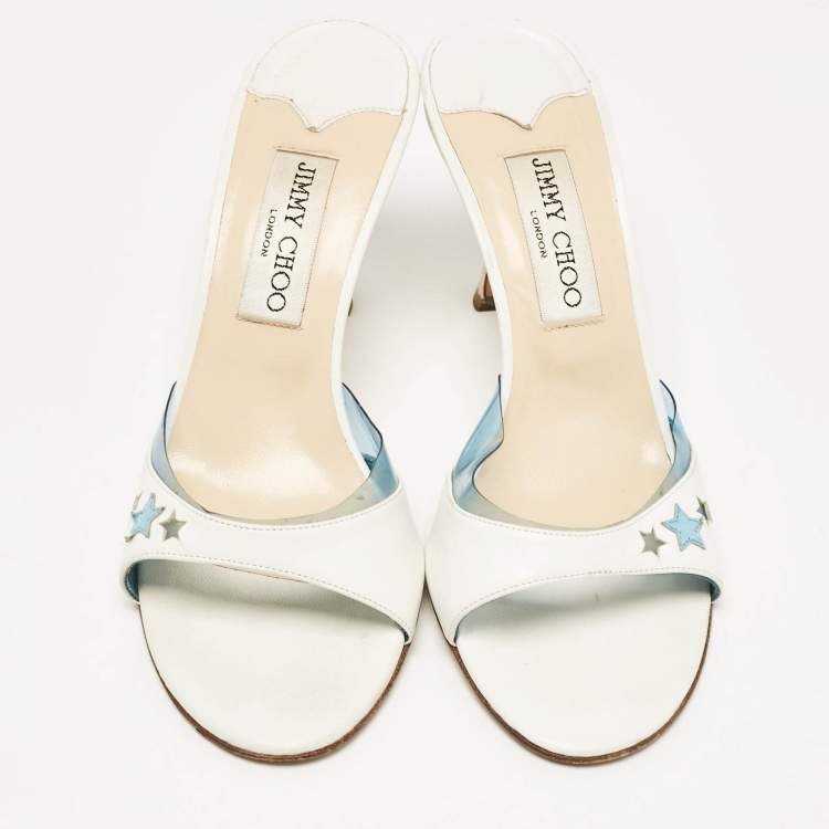 Pre Owned Jimmy Choo White/Blue Leather and PVC Slide Sandals Size 37.5