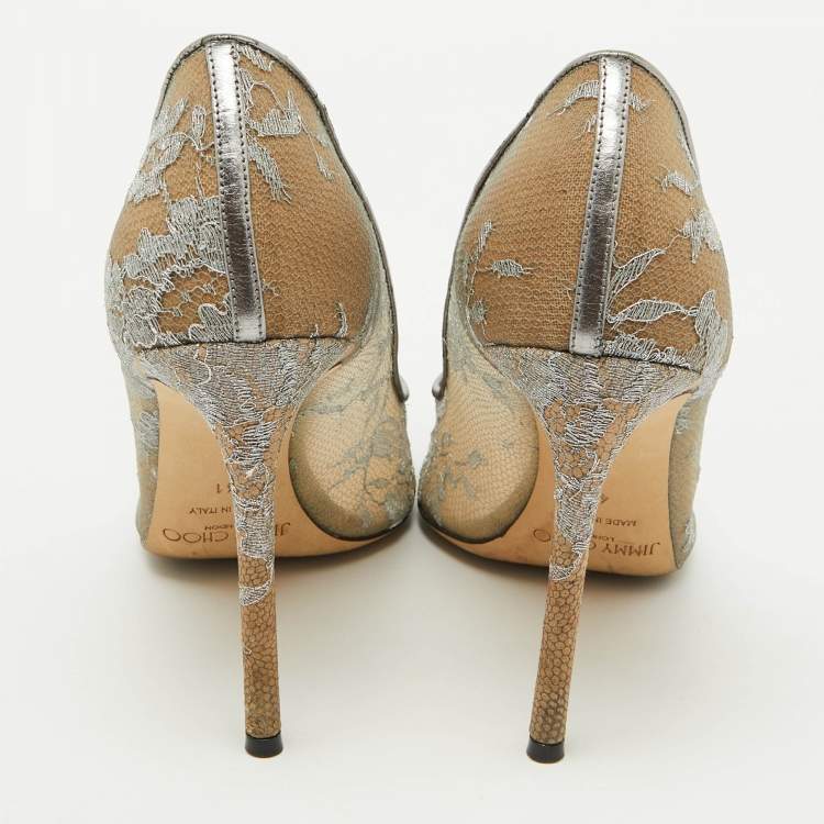 Pre Owned Jimmy Choo Grey Lace Love Pointed Toe Pumps Size 41