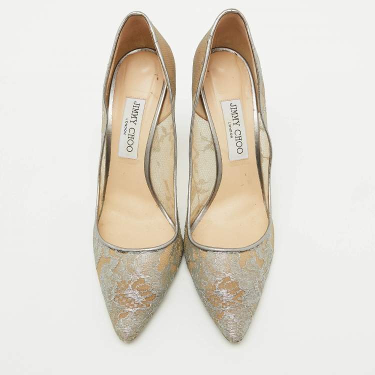 Pre Owned Jimmy Choo Grey Lace Love Pointed Toe Pumps Size 41