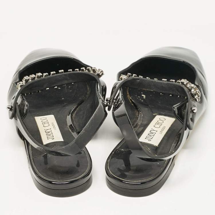 Pre Owned Jimmy Choo Black Patent Crystal Embellished Slingback Flat Sandals Size 35