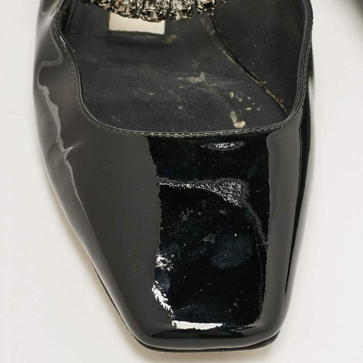 Pre Owned Jimmy Choo Black Patent Crystal Embellished Slingback Flat Sandals Size 35