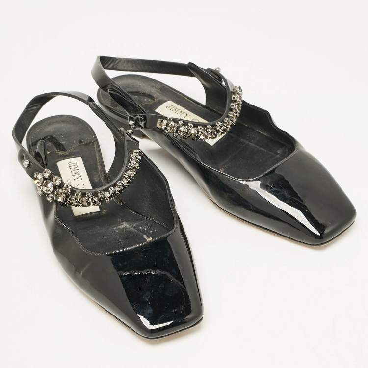 Pre Owned Jimmy Choo Black Patent Crystal Embellished Slingback Flat Sandals Size 35