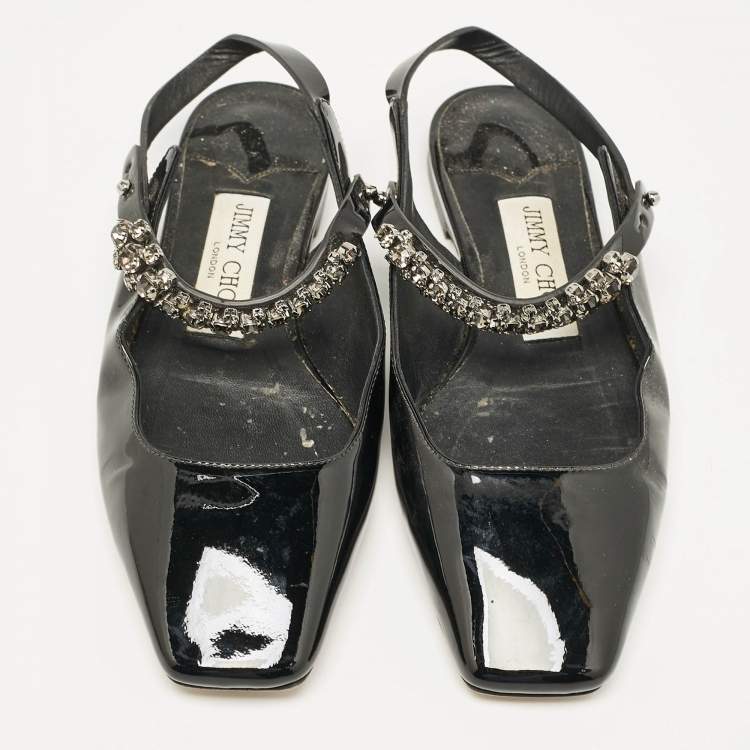 Pre Owned Jimmy Choo Black Patent Crystal Embellished Slingback Flat Sandals Size 35