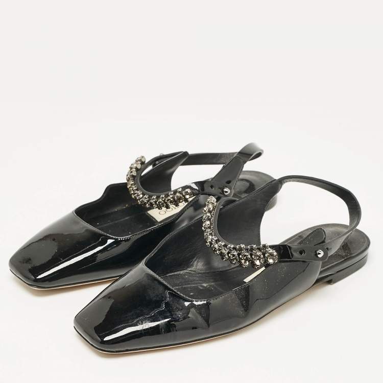 Pre Owned Jimmy Choo Black Patent Crystal Embellished Slingback Flat Sandals Size 35