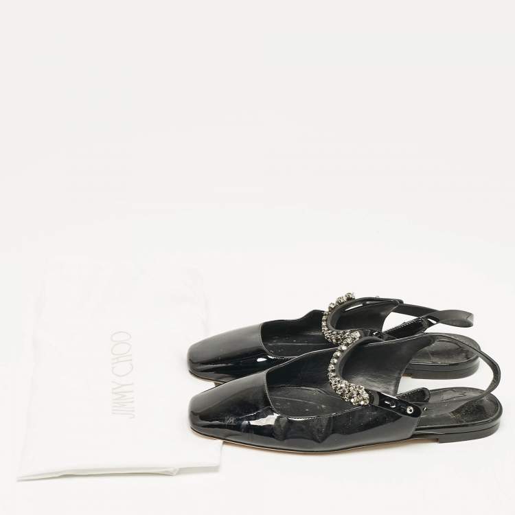 Pre Owned Jimmy Choo Black Patent Crystal Embellished Slingback Flat Sandals Size 35