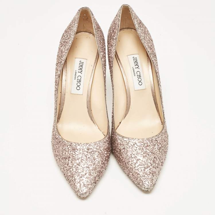 Pre Owned Jimmy Choo Rose Gold Glitter Romy Pumps Size 42