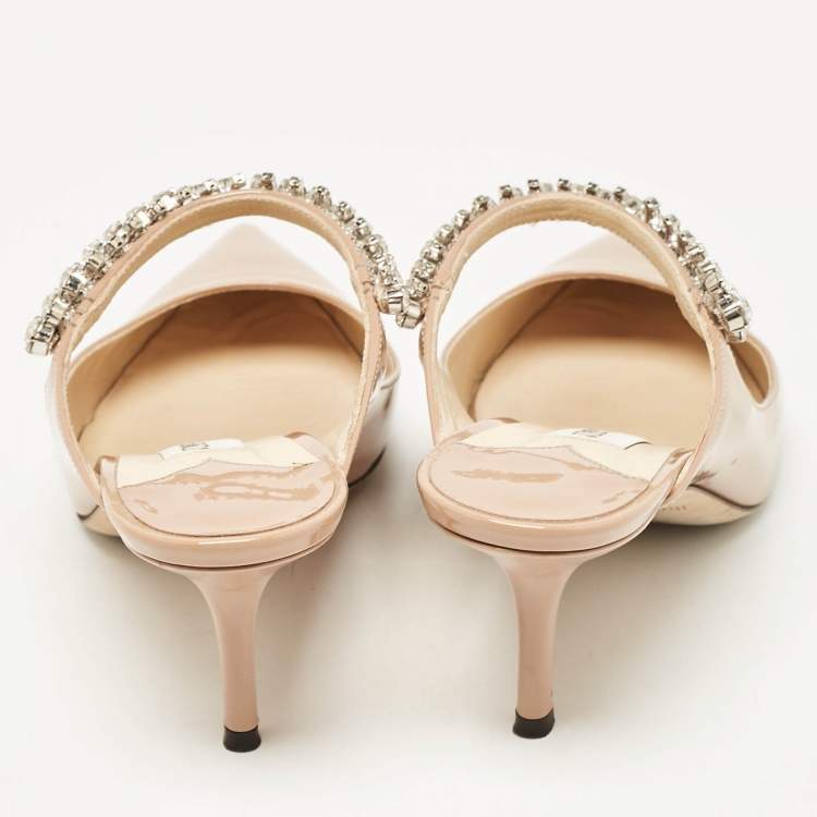 Pre Owned Jimmy Choo Beige Patent Leather Bing 65 Crystal Embellished Mule Sandals Size 36.5