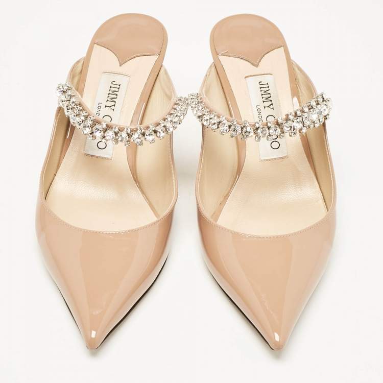 Pre Owned Jimmy Choo Beige Patent Leather Bing 65 Crystal Embellished Mule Sandals Size 36.5