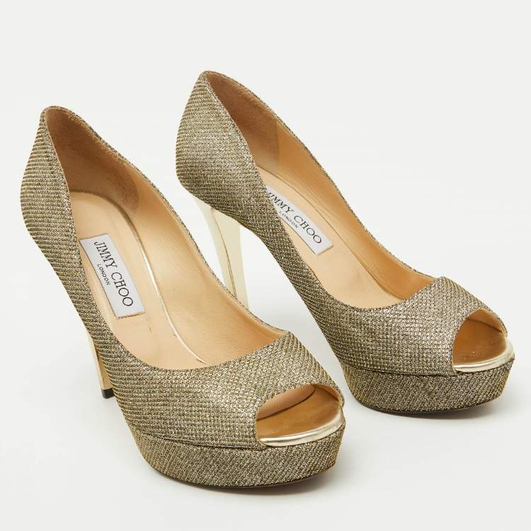 Pre Owned Jimmy Choo Metallic Gold Lurex Fabric Peep Toe Platform Pumps Size 39.5
