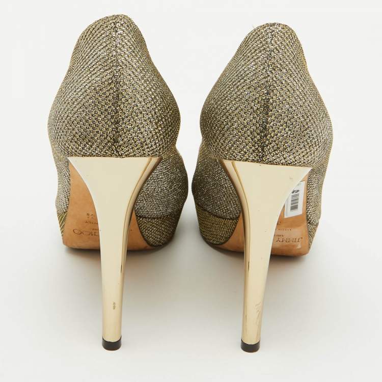 Pre Owned Jimmy Choo Metallic Gold Lurex Fabric Peep Toe Platform Pumps Size 39.5