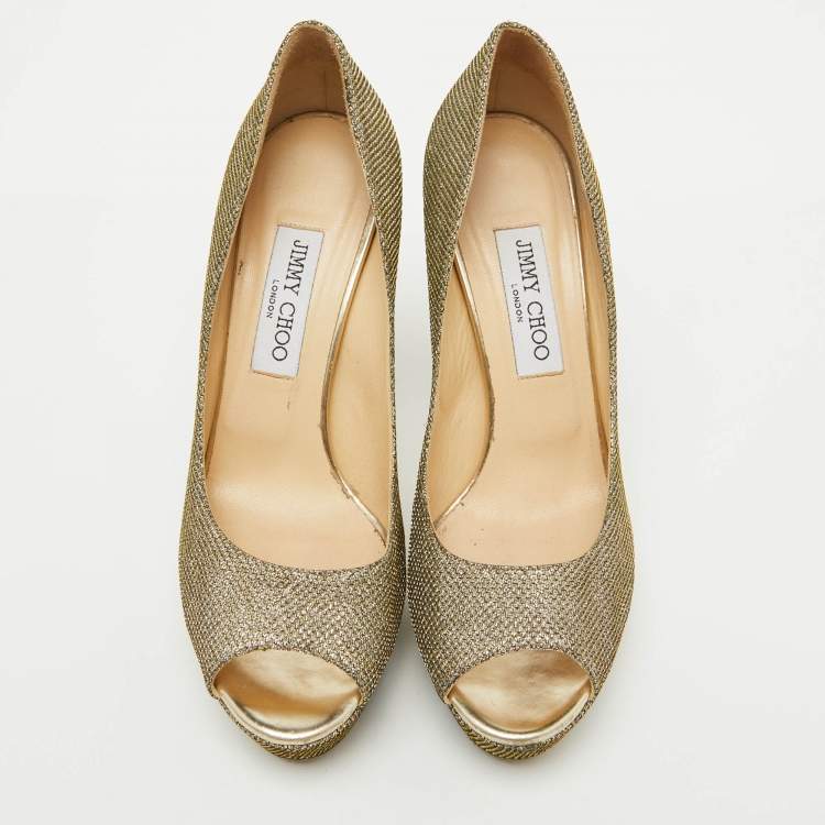 Pre Owned Jimmy Choo Metallic Gold Lurex Fabric Peep Toe Platform Pumps Size 39.5