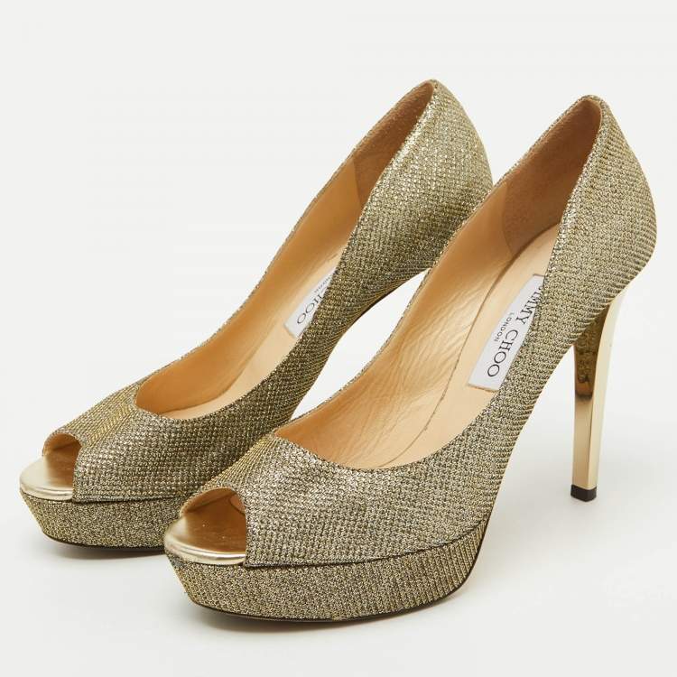 Pre Owned Jimmy Choo Metallic Gold Lurex Fabric Peep Toe Platform Pumps Size 39.5
