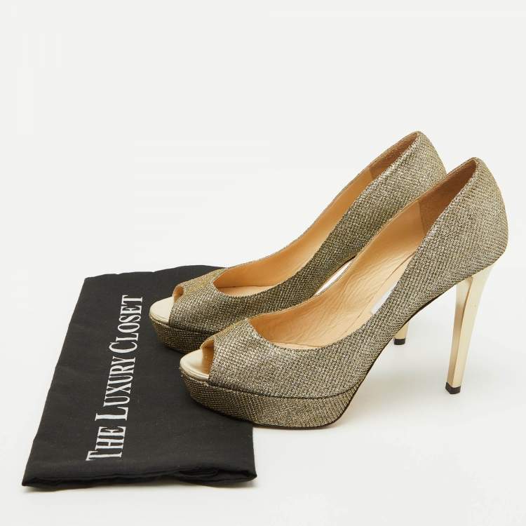 Pre Owned Jimmy Choo Metallic Gold Lurex Fabric Peep Toe Platform Pumps Size 39.5
