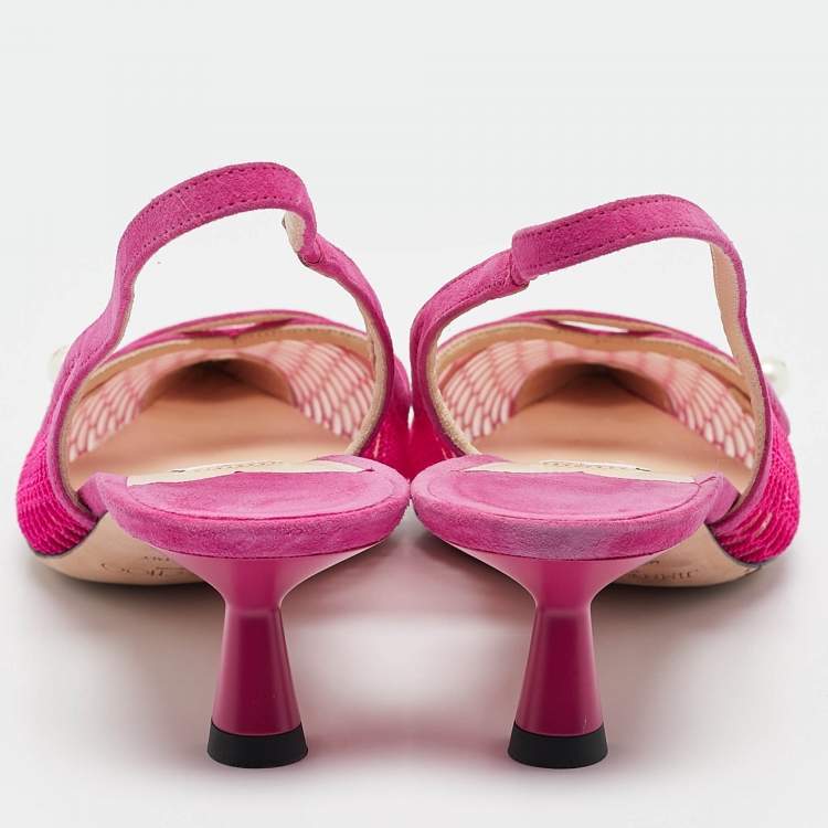 Pre Owned Jimmy Choo Fuchsia Suede and Fishnet Amita Slingback Pumps Size 37