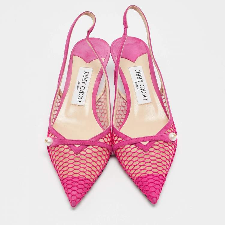 Pre Owned Jimmy Choo Fuchsia Suede and Fishnet Amita Slingback Pumps Size 37