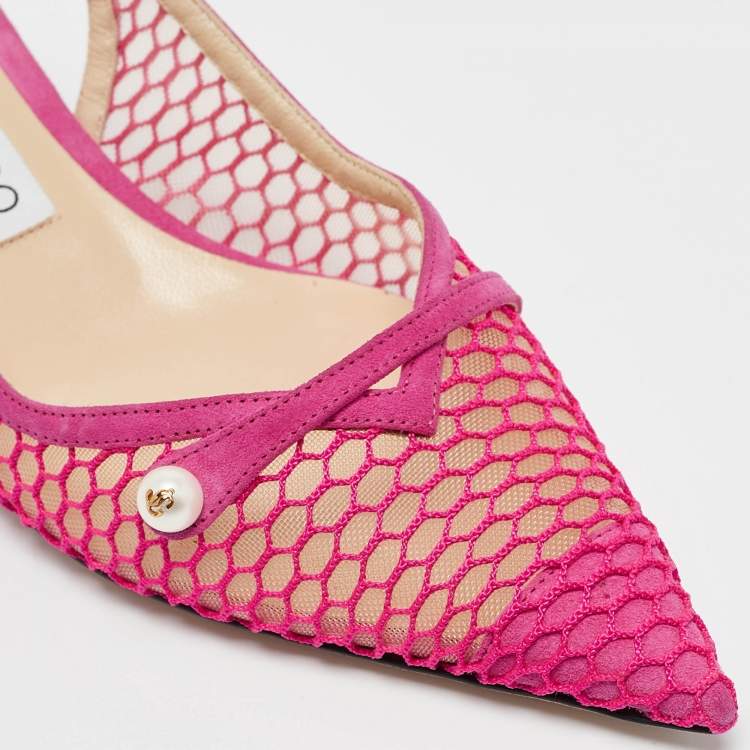 Pre Owned Jimmy Choo Fuchsia Suede and Fishnet Amita Slingback Pumps Size 37