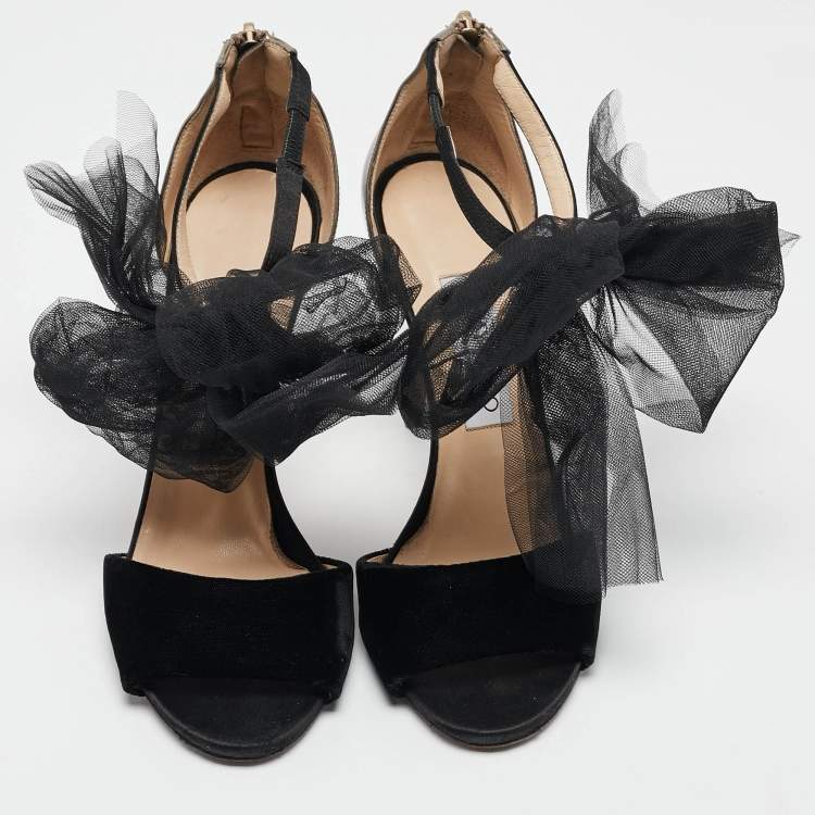 Pre Owned Jimmy Choo Black Leather and Velvet Aveline Ankle Strap Sandals Size 38
