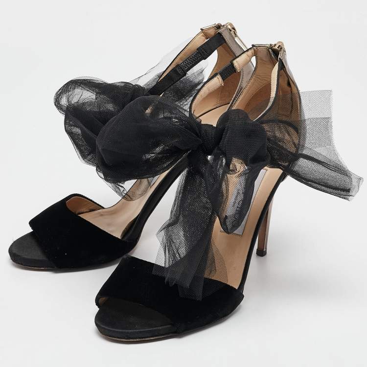 Pre Owned Jimmy Choo Black Leather and Velvet Aveline Ankle Strap Sandals Size 38