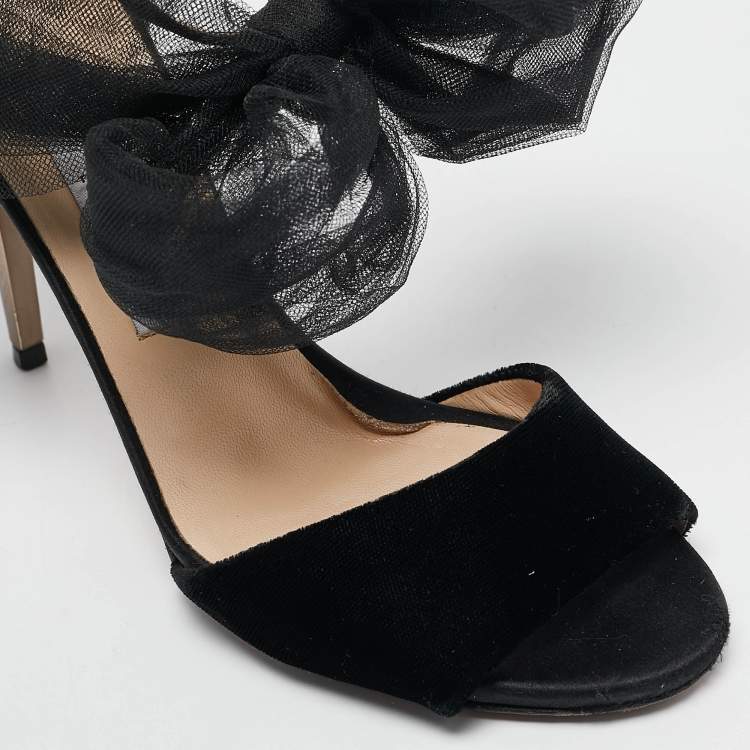 Pre Owned Jimmy Choo Black Leather and Velvet Aveline Ankle Strap Sandals Size 38