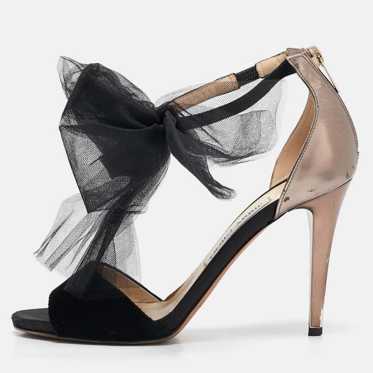 Pre Owned Jimmy Choo Black Leather and Velvet Aveline Ankle Strap Sandals Size 38
