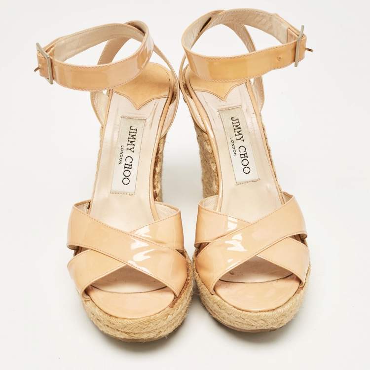 Pre Owned Jimmy Choo Beige Patent Leather Espadrille Platform Wedge Sandals Size 37.5