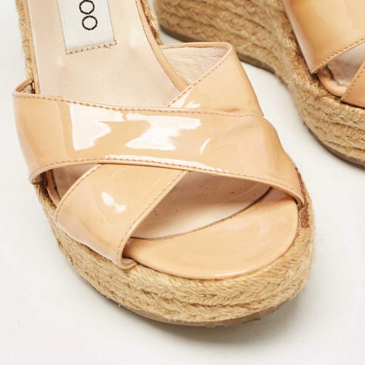 Pre Owned Jimmy Choo Beige Patent Leather Espadrille Platform Wedge Sandals Size 37.5