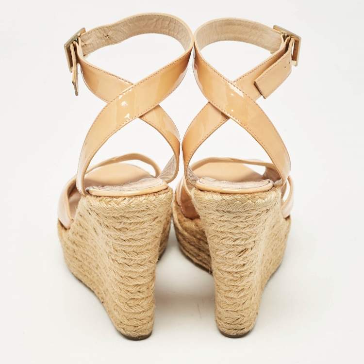 Pre Owned Jimmy Choo Beige Patent Leather Espadrille Platform Wedge Sandals Size 37.5